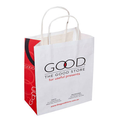 La coutume a imprimé les sacs à provisions blancs de papier d'emballage avec la poignée de papier tordue