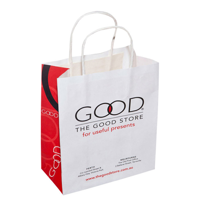 Un bon prix. La coutume a imprimé les sacs à provisions blancs de papier d'emballage avec la poignée de papier tordue en ligne